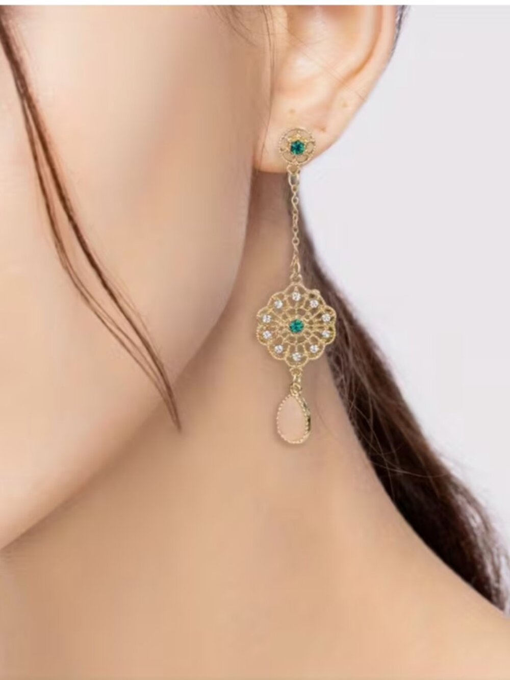 NEW 18K Gold Plated Ornate Golden Filigree Crystal Drop Earrings Pink Green